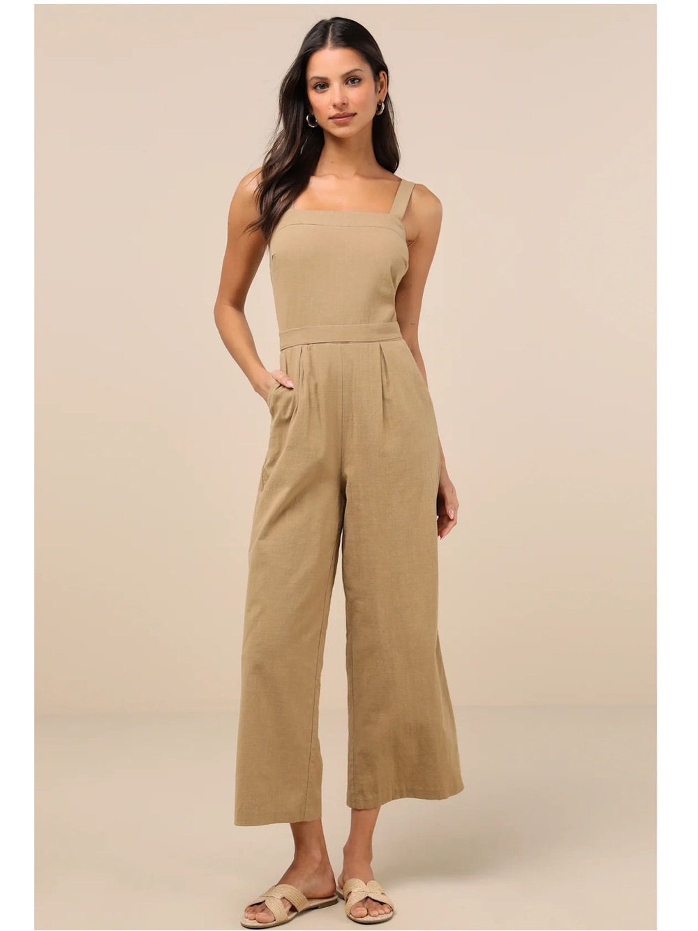 Lulus Lucky For Me Beige Cotton Sleeveless Pockets Cropped Wide-Leg Jumpsuit XL
